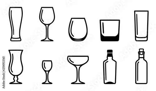 Canvastavla Drinkware icon set with beer pint wine glass martini whiskey highball cocktail b