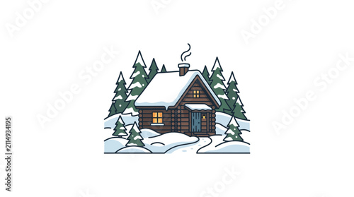 Cozy Log Cabin in Snowy Forest Landscape Illustration