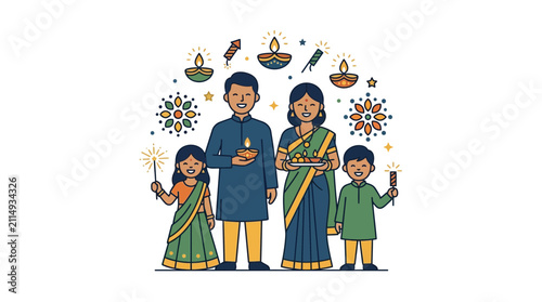 Happy Family Celebrating Festival with Lights and Sparklers