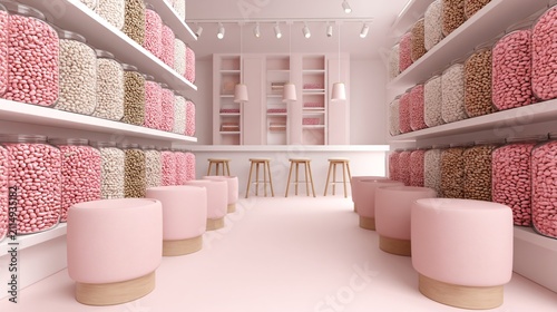 candy store interior, shelves full of sweets, retail concept