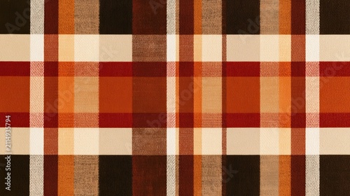 Warm, earthy plaid pattern in browns, oranges, and cream