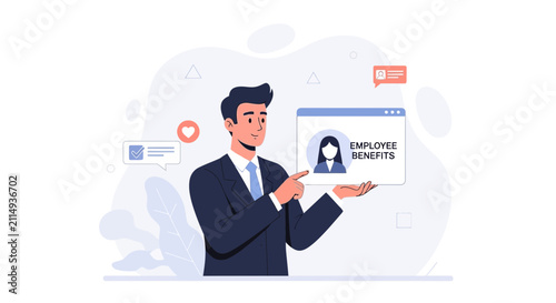 Man presenting employee benefits on screen with icons for communication and approval, modern vector illustration