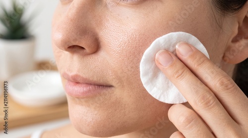 A person gently applies a cotton pad to their cheek, demonstrating a skincare routine focused on facial cleansing or makeup removal.