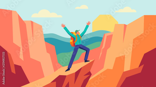 Successful Hiker Celebrating on Mountain Peak Flat Vector Illustration