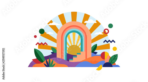 Abstract geometric landscape with rainbow arch, sunburst, and stairs.