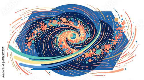Abstract Flat Illustration of a Spiral Galaxy and Colorful Cosmos