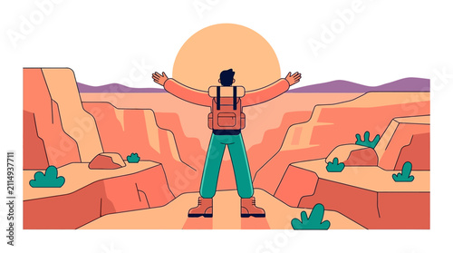 Hiker with backpack standing in canyon at sunset with open arms, flat vector illustration.