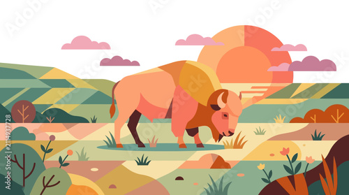 Geometric Flat Design Bison Illustration in Sunset Prairie Landscape