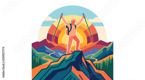 Hiker Celebrating on Mountain Summit Vector Illustration