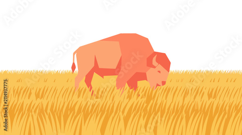 Minimalist Geometric Bison Illustration Grazing in Golden Prairie Grass