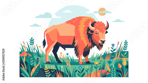 Flat vector illustration of a bison in a wildflower field with geometric nature elements.