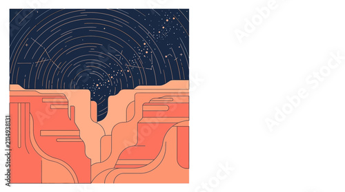 Minimalist Vector Illustration of Desert Canyon Under Starry Night Sky with Star Trails