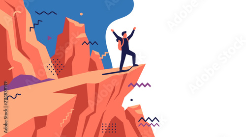 Successful hiker standing on mountain peak with arms raised. Flat vector illustration of achievement and outdoor adventure.