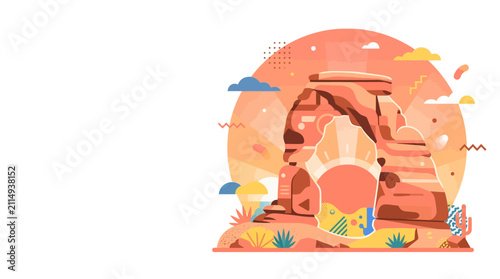 Modern Flat Vector Illustration of Delicate Arch at Sunrise with Geometric Elements