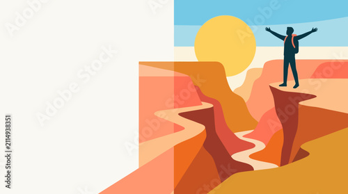Hiker Celebrating Success on Cliff Edge Vector Illustration with Canyon Landscape and Copy Space