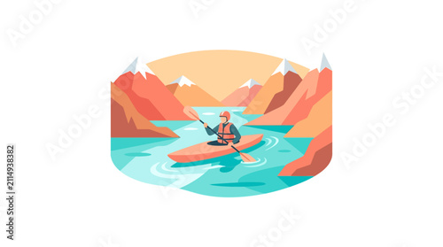 Vector illustration of a kayaker paddling through a mountain river valley with snowy peaks.