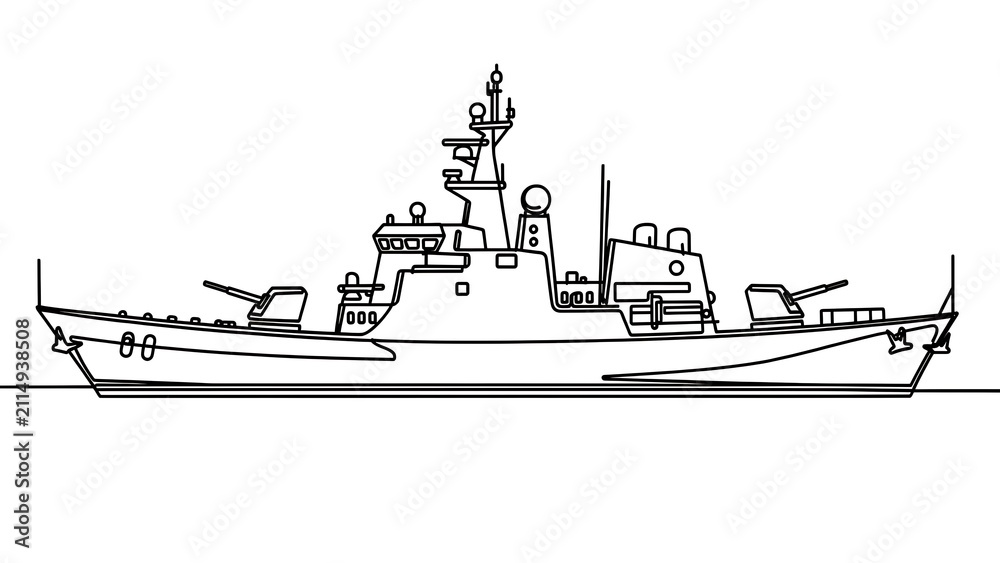 Obraz premium Military warship line drawing on white background.
