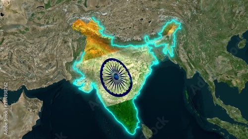 India Map Glowing Neon Outline Progression Over Satellite View indian subcontinent country nation geography aerial illumination border coastline asia south region territory
