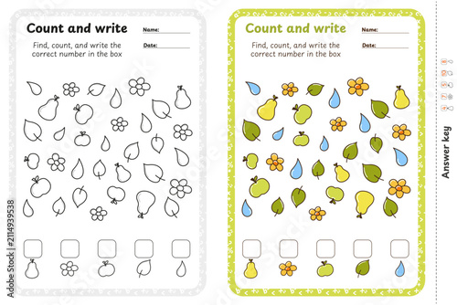 Count and write math worksheet up to 10 with fruits