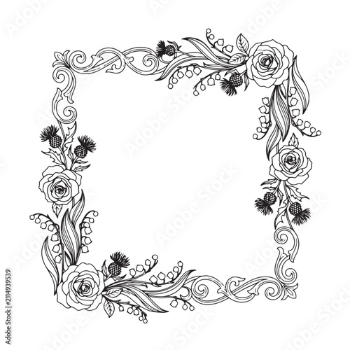 Fotografie Floral ornament with roses and thistles black and white vector illustration