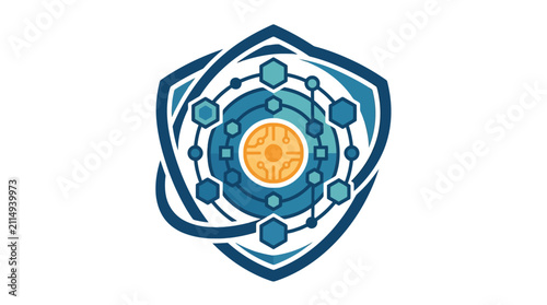 Cyber security shield with glowing circuit board core.