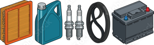 Collection of essential car spare parts including air filter motor oil spark plugs drive belt and battery