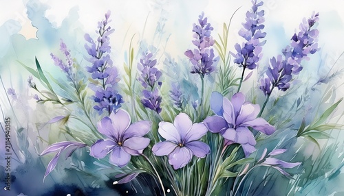 a delicate watercolor painting showcases a cluster of pale lavender flowers their slender stems rising elegantly from a bed of verdant grasses and budding blossoms creating a