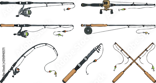 Fotografía Professional fishing rod and reel vector illustration set featuring spinning, baitcasting, fly fishing, and telescopic tackle gear equipment for outdoor sport designs