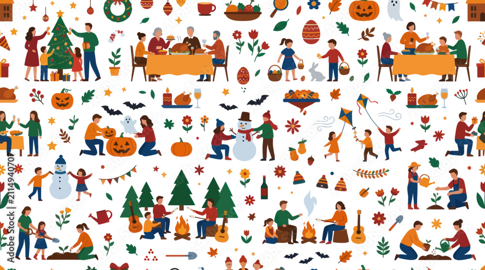 Fototapeta premium Flat Vector Illustration Seamless Pattern of Festive Seasonal Holidays and Family Activities