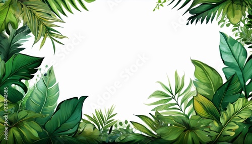 a vibrant green tropical jungle frame with lush leaves and branches forms a natural border on white background perfect for spring or summer designs png