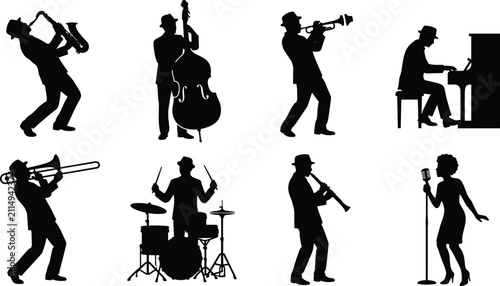 Bild auf Leinwand Jazz band musicians playing instruments and female singer black vector silhouett