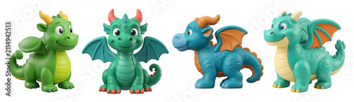 Four cute colorful mythical dragons standing together featuring bright cheerful designs and friendly expressions isolated purely on transparent background