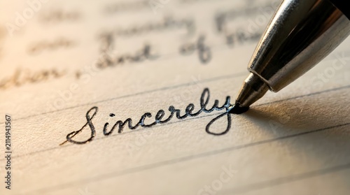 Detailed macro of a pen writing sincerely on notebook paper as part of back to school supplies.