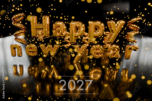 Happy New Year in gold metallic 3D text render effect, set against a background of fireworks and lights in the year 2027