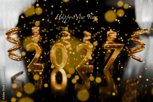 Render 3d golden 2027 number happy new year with sparkling bokeh lights between fireworks