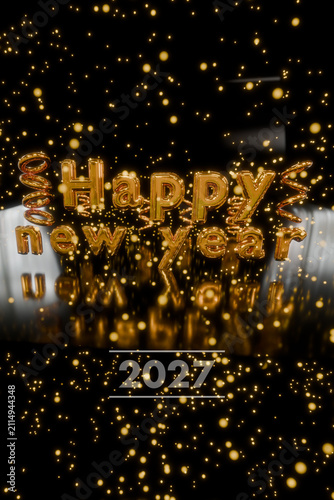 3D render Happy New Year in gold metallic fireworks and lights in the year 2027