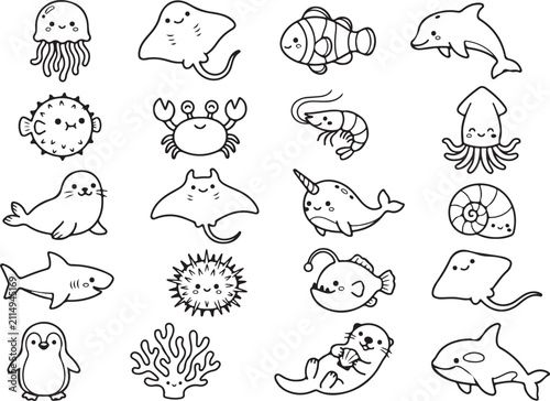 Photography Set of cute hand drawn sea creatures and ocean animals for coloring book page or