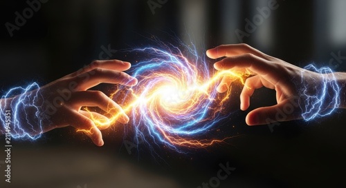 Hands manipulating a glowing vortex of electric energy.