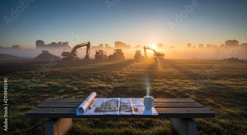 Blueprints on wooden table at construction site sunrise.
