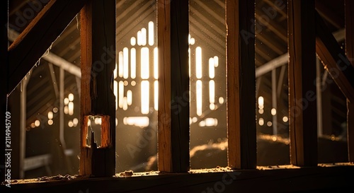 Golden sun rays streaming through wooden slats in attic.