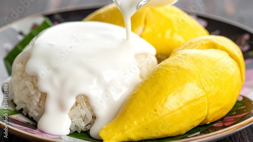 Pouring thick coconut milk over sticky rice and fresh durian fruit on a banana leaf plate

