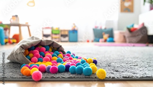 Vibrant Assortment of Colorful Soft Play Balls Spilling from a Bag onto a Textured Carpet in a Playroom