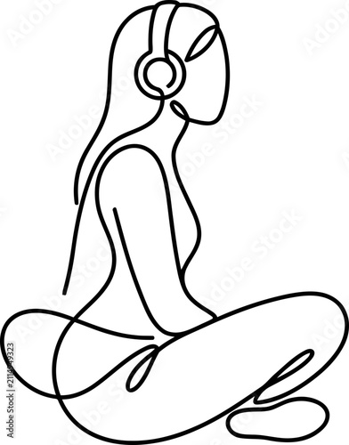 Minimalist Line Art Woman Meditating with Headphones