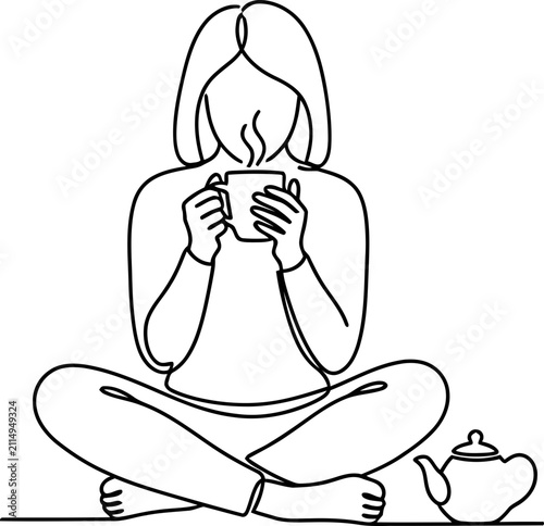 Woman enjoying hot beverage, line art illustration