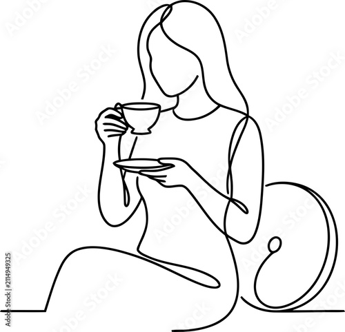 Continuous line drawing of a woman enjoying a cup of tea, elegant and minimalist design.