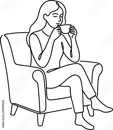 Woman relaxing in armchair, drinking coffee or tea, line art illustration