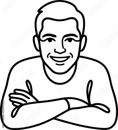 Smiling Man, Arms Crossed, Line Art Illustration