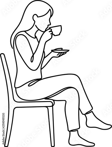Woman sitting on chair drinking coffee, line art illustration, relaxed moment