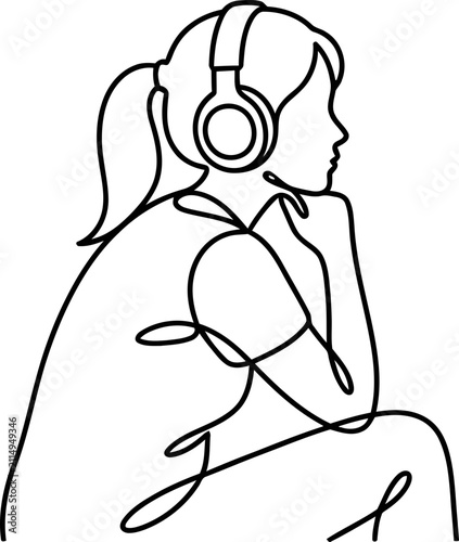 Continuous line drawing of a woman listening to music with headphones, contemplative mood