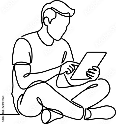 Continuous line drawing of a young man sitting cross-legged, interacting with a digital tablet.